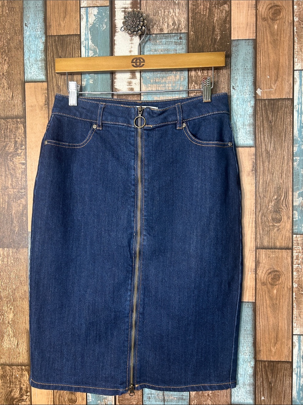 Dark Blue Straight Leg Denim Skirt with Front Zip